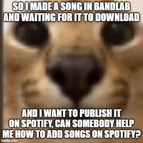 Whar | SO I MADE A SONG IN BANDLAB AND WAITING FOR IT TO DOWNLOAD; AND I WANT TO PUBLISH IT ON SPOTIFY, CAN SOMEBODY HELP ME HOW TO ADD SONGS ON SPOTIFY? | image tagged in whar | made w/ Imgflip meme maker