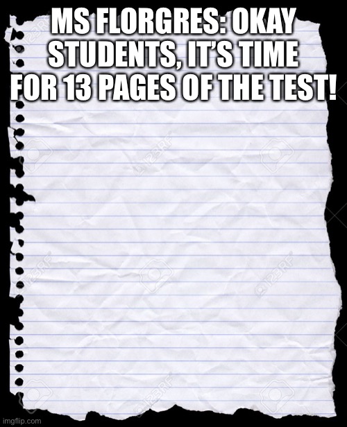 A school test | MS FLORGRES: OKAY STUDENTS, IT’S TIME FOR 13 PAGES OF THE TEST! | image tagged in blank paper | made w/ Imgflip meme maker
