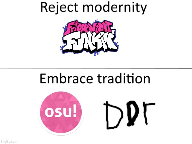 osu and dance dance revolution don’t have the entire game as mods | image tagged in reject modernity embrace tradition | made w/ Imgflip meme maker