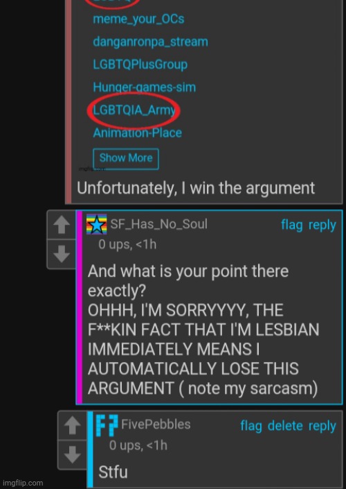 She follows lgbtq stream, I won the argument | image tagged in bro cant take a joke | made w/ Imgflip meme maker