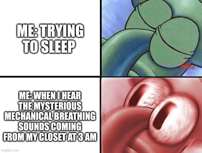 When you hear breathing in your closet at 3 am | ME: TRYING TO SLEEP; ME: WHEN I HEAR THE MYSTERIOUS MECHANICAL BREATHING SOUNDS COMING FROM MY CLOSET AT 3 AM | image tagged in sleeping squidward | made w/ Imgflip meme maker