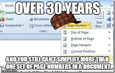 OVER 30 YEARS AND YOU STILL CAN'T SIMPLIFY MORE THAN ONE SET OF PAGE NUMBERS IN A DOCUMENT | image tagged in word,scumbag,AdviceAnimals | made w/ Imgflip meme maker