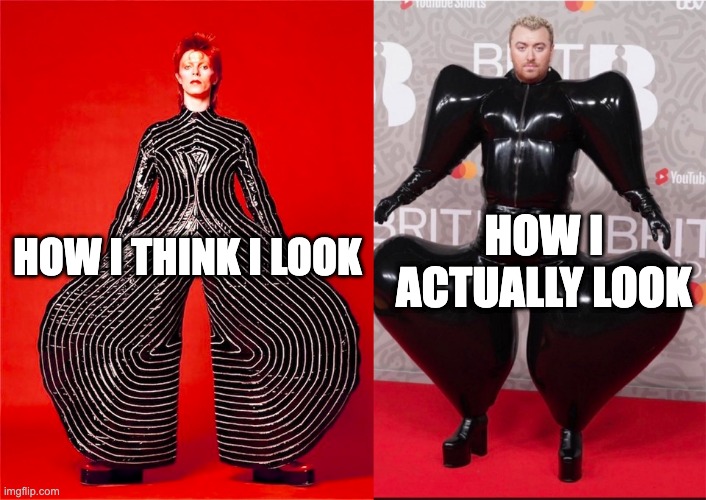 How I Think I Look Like | HOW I ACTUALLY LOOK; HOW I THINK I LOOK | image tagged in sam smith,david bowie | made w/ Imgflip meme maker