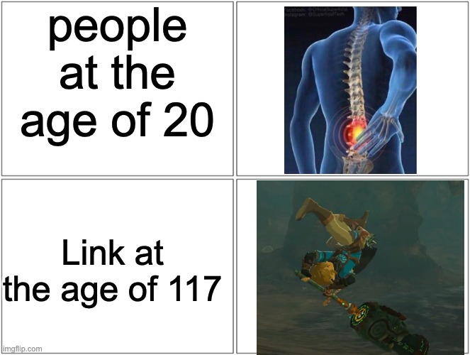 Love the backflip | people at the age of 20; Link at the age of 117 | image tagged in memes,blank comic panel 2x2,pain,link,tears of the kingdom | made w/ Imgflip meme maker