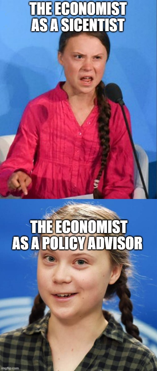 THE ECONOMIST AS A SICENTIST; THE ECONOMIST AS A POLICY ADVISOR | image tagged in greta thunberg how dare you,greta thunberg | made w/ Imgflip meme maker