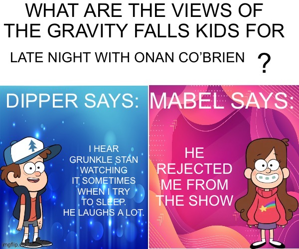 Dipper/Mabel says: | LATE NIGHT WITH ONAN CO’BRIEN; HE REJECTED ME FROM THE SHOW; I HEAR GRUNKLE STAN WATCHING IT SOMETIMES WHEN I TRY TO SLEEP. HE LAUGHS A LOT. | image tagged in dipper/mabel says | made w/ Imgflip meme maker