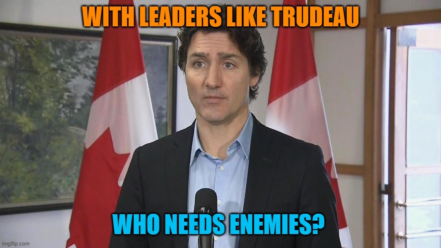 With leaders like Trudeau, who needs enemies? | WITH LEADERS LIKE TRUDEAU; WHO NEEDS ENEMIES? | image tagged in justin trudeau | made w/ Imgflip meme maker