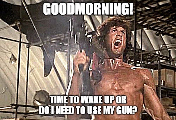 GOODMORNING | GOODMORNING! TIME TO WAKE UP OR DO I NEED TO USE MY GUN? | image tagged in rambo yelling | made w/ Imgflip meme maker