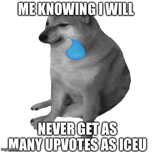 I’m sad cuz of this pls give me support ? | ME KNOWING I WILL; NEVER GET AS MANY UPVOTES AS ICEU | image tagged in cheems | made w/ Imgflip meme maker