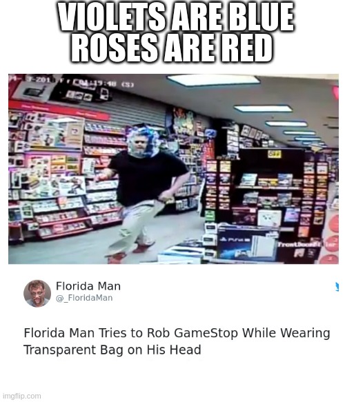 Image Title | VIOLETS ARE BLUE; ROSES ARE RED | image tagged in florida man,meanwhile in florida,fun,memes,funny memes | made w/ Imgflip meme maker