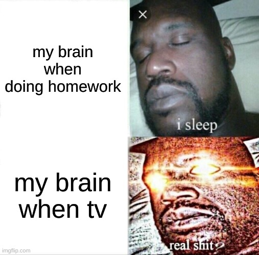 happens every single time | my brain when doing homework; my brain when tv | image tagged in memes,sleeping shaq | made w/ Imgflip meme maker