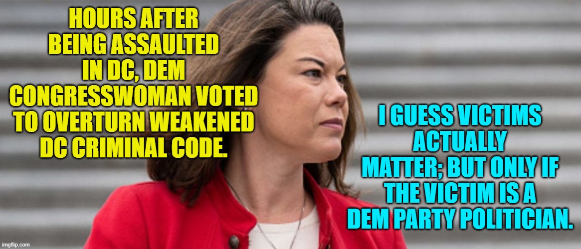 Psssst . . . leftists . . . if you coddle criminals then they commit more crimes. | I GUESS VICTIMS ACTUALLY MATTER; BUT ONLY IF THE VICTIM IS A DEM PARTY POLITICIAN. HOURS AFTER BEING ASSAULTED IN DC, DEM CONGRESSWOMAN VOTED TO OVERTURN WEAKENED DC CRIMINAL CODE. | image tagged in idiots | made w/ Imgflip meme maker