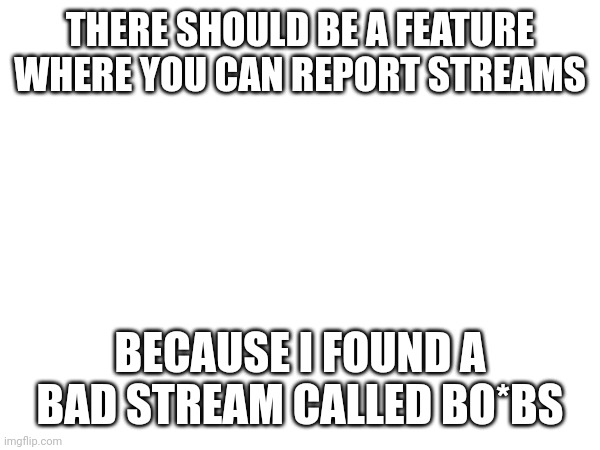 Something for imgflip :) | THERE SHOULD BE A FEATURE WHERE YOU CAN REPORT STREAMS; BECAUSE I FOUND A BAD STREAM CALLED BO*BS | image tagged in imgflip pls notice this | made w/ Imgflip meme maker