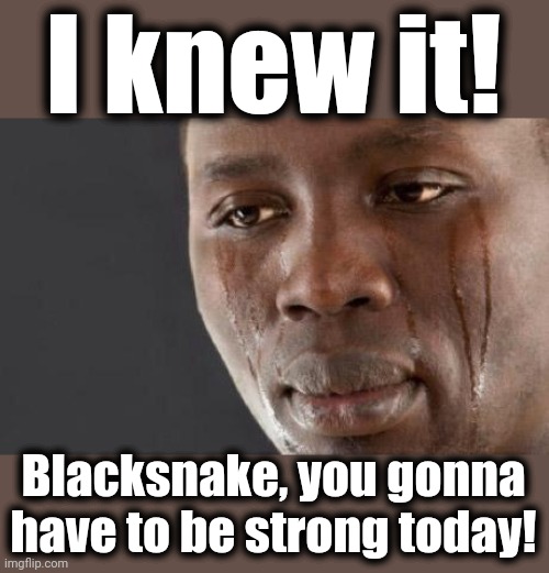 Crying black man | I knew it! Blacksnake, you gonna have to be strong today! | image tagged in crying black man | made w/ Imgflip meme maker