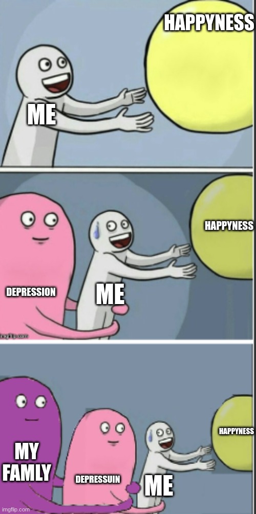 balloon | HAPPYNESS; ME; HAPPYNESS; ME; DEPRESSION; HAPPYNESS; MY FAMLY; DEPRESSUIN; ME | image tagged in balloon | made w/ Imgflip meme maker