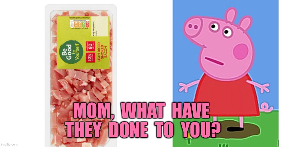 The future is bacon | MOM,  WHAT  HAVE  THEY  DONE  TO  YOU? | image tagged in bacon,pepa pig,future is bacon,diced,fun | made w/ Imgflip meme maker