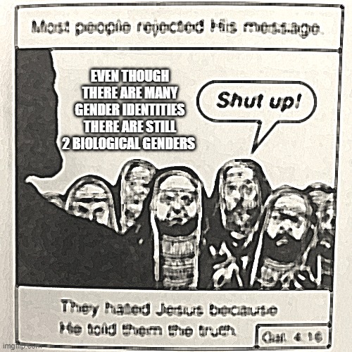 They hated jesus because he told them the truth | EVEN THOUGH THERE ARE MANY GENDER IDENTITIES THERE ARE STILL 2 BIOLOGICAL GENDERS | image tagged in they hated jesus because he told them the truth,gender,biology,lgbtq,unpopular opinion | made w/ Imgflip meme maker