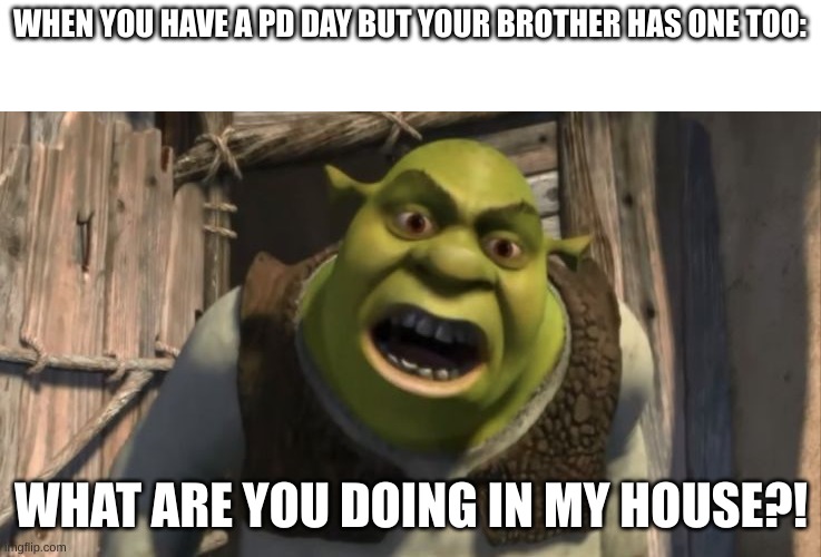 wtf are you doing in my house | WHEN YOU HAVE A PD DAY BUT YOUR BROTHER HAS ONE TOO:; WHAT ARE YOU DOING IN MY HOUSE?! | image tagged in shrek what are you doing in my swamp | made w/ Imgflip meme maker