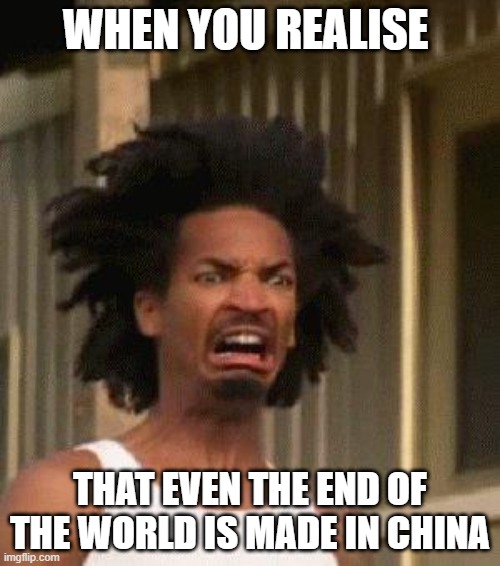 ayo aint that true tho | WHEN YOU REALISE; THAT EVEN THE END OF THE WORLD IS MADE IN CHINA | image tagged in disgusted face,true story,no offense,uh oh | made w/ Imgflip meme maker