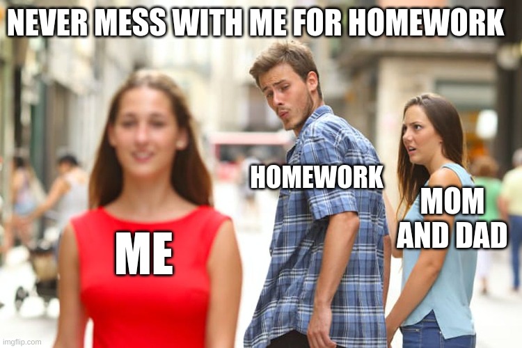 Distracted Boyfriend Meme | ME HOMEWORK MOM AND DAD NEVER MESS WITH ME FOR HOMEWORK | image tagged in memes,distracted boyfriend | made w/ Imgflip meme maker