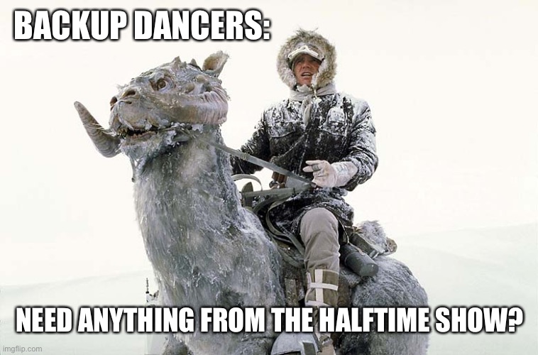 Han Solo hoth snow | BACKUP DANCERS:; NEED ANYTHING FROM THE HALFTIME SHOW? | image tagged in han solo hoth snow,superbowl,halftime | made w/ Imgflip meme maker