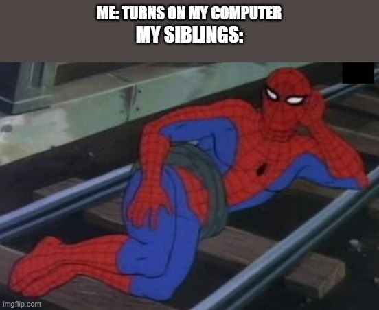 Bro is so annoying, I JUST WANT MY OWN PEACE | ME: TURNS ON MY COMPUTER; MY SIBLINGS: | image tagged in memes,sexy railroad spiderman,spiderman | made w/ Imgflip meme maker