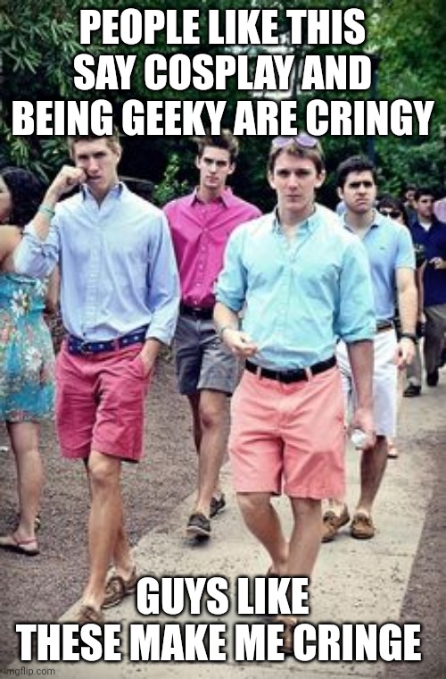 Frat boy roofie | PEOPLE LIKE THIS SAY COSPLAY AND BEING GEEKY ARE CRINGY; GUYS LIKE THESE MAKE ME CRINGE | image tagged in frat boy roofie,memes | made w/ Imgflip meme maker