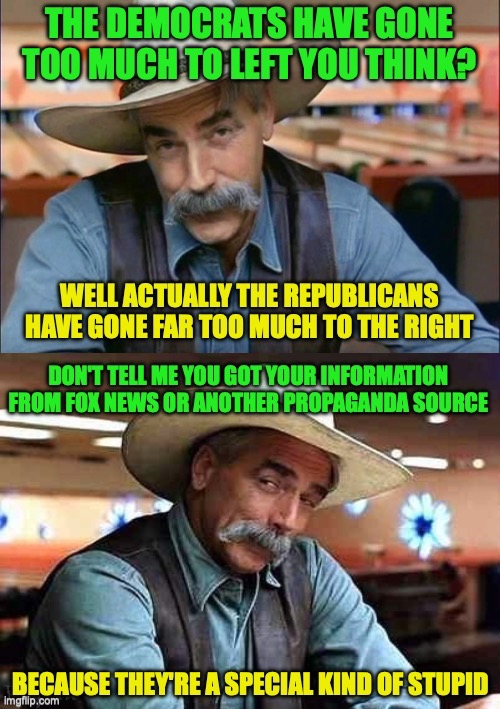 The Republican Party are now Right Wing to Far Right while the Dems are Centre-Left | image tagged in sam elliott special kind of stupid,fact check,republicans,democrats,maga,fox news | made w/ Imgflip meme maker