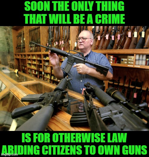 Helpful Gun Store Owner | SOON THE ONLY THING THAT WILL BE A CRIME IS FOR OTHERWISE LAW ABIDING CITIZENS TO OWN GUNS | image tagged in helpful gun store owner | made w/ Imgflip meme maker