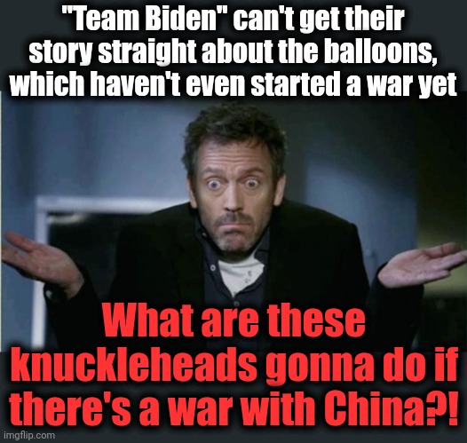 An appalling lack of competence | "Team Biden" can't get their story straight about the balloons, which haven't even started a war yet; What are these knuckleheads gonna do if there's a war with China?! | image tagged in shrug,china,balloons,joe biden,democrats,war | made w/ Imgflip meme maker