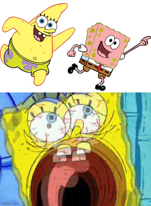 SpongeBob and Patrick | image tagged in spongebob screaming,memes,cursed image,spongebob squarepants,patrick star,meme | made w/ Imgflip meme maker