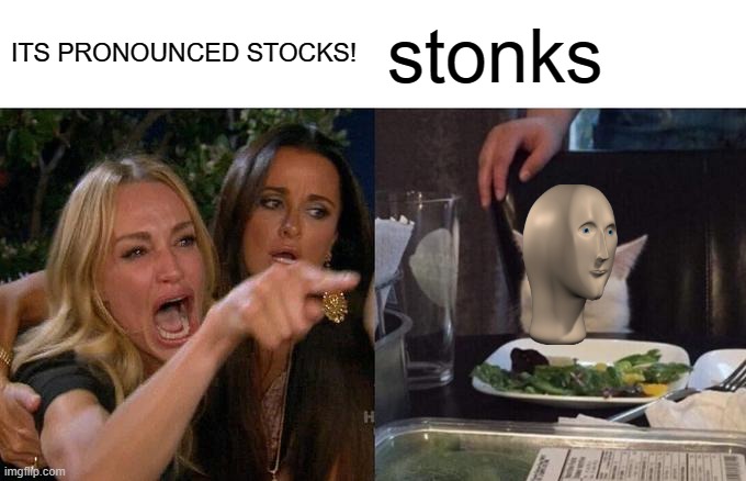 no one cares guys | ITS PRONOUNCED STOCKS! stonks | image tagged in memes,woman yelling at cat | made w/ Imgflip meme maker