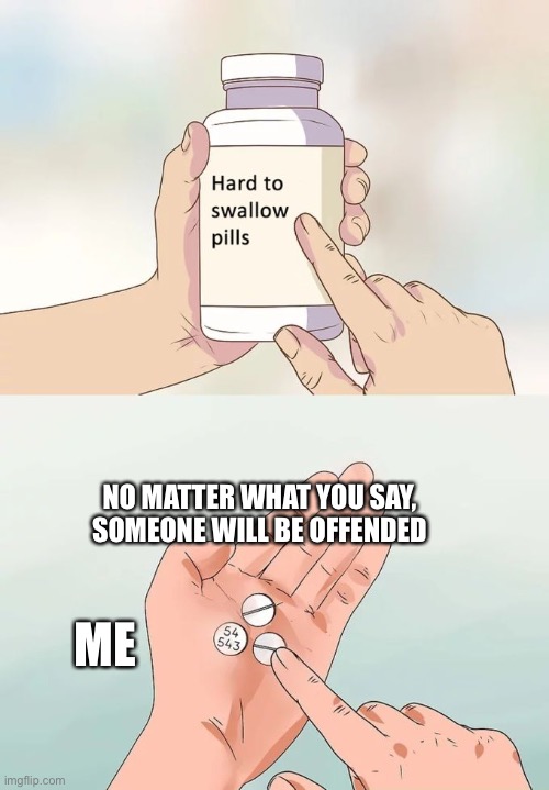 Seriously, why do people get offended by EVERYTHING? | NO MATTER WHAT YOU SAY, SOMEONE WILL BE OFFENDED; ME | image tagged in memes,hard to swallow pills | made w/ Imgflip meme maker