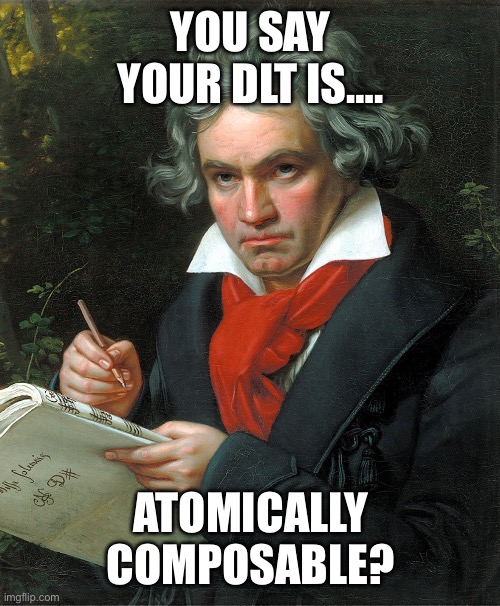 Beethoven  | YOU SAY YOUR DLT IS…. ATOMICALLY COMPOSABLE? | image tagged in beethoven | made w/ Imgflip meme maker