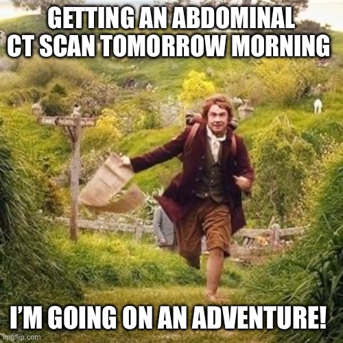 Doc Appointment | GETTING AN ABDOMINAL CT SCAN TOMORROW MORNING; I’M GOING ON AN ADVENTURE! | image tagged in hobbit adventure | made w/ Imgflip meme maker