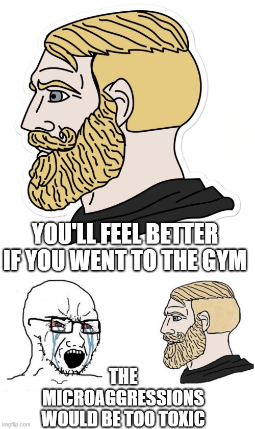 YOU'LL FEEL BETTER IF YOU WENT TO THE GYM; THE MICROAGGRESSIONS WOULD BE TOO TOXIC | image tagged in chad,soyboy vs yes chad | made w/ Imgflip meme maker