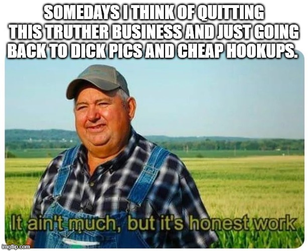 Dick Pics | SOMEDAYS I THINK OF QUITTING THIS TRUTHER BUSINESS AND JUST GOING BACK TO DICK PICS AND CHEAP HOOKUPS. | image tagged in honest work,dick,truther,truth | made w/ Imgflip meme maker