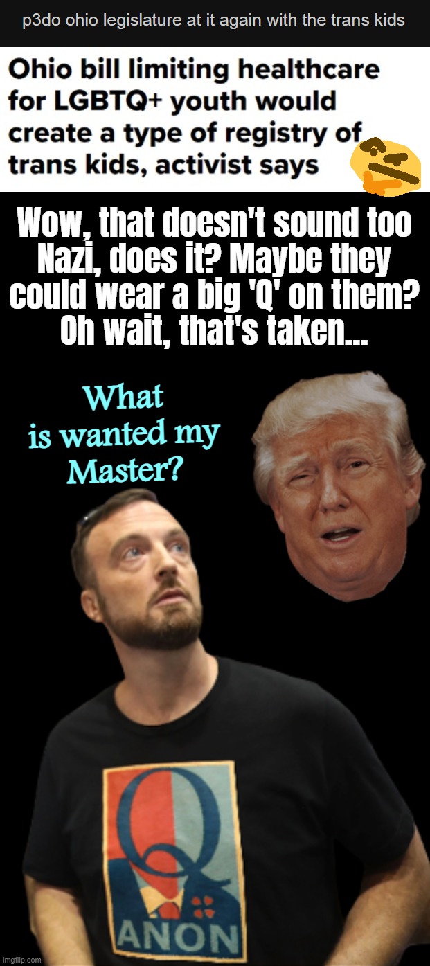 Q... | Wow, that doesn't sound too
Nazi, does it? Maybe they
could wear a big 'Q' on them?
Oh wait, that's taken... What
is wanted my
Master? | made w/ Imgflip meme maker