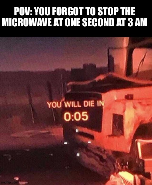 You will die in 0:05 | POV: YOU FORGOT TO STOP THE MICROWAVE AT ONE SECOND AT 3 AM | image tagged in you will die in 0 05 | made w/ Imgflip meme maker