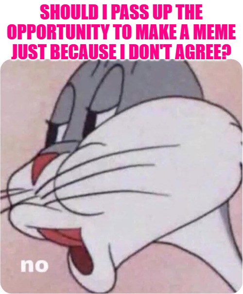 Bugs Bunny No | SHOULD I PASS UP THE OPPORTUNITY TO MAKE A MEME JUST BECAUSE I DON'T AGREE? | image tagged in bugs bunny no | made w/ Imgflip meme maker