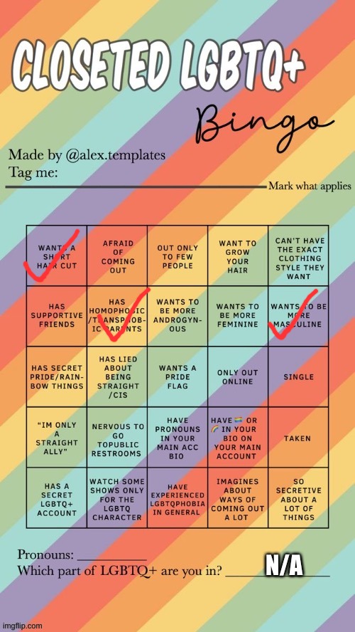 Taking bingos that don't apply to me part 1 | N/A | image tagged in closeted lgbtq bingo | made w/ Imgflip meme maker