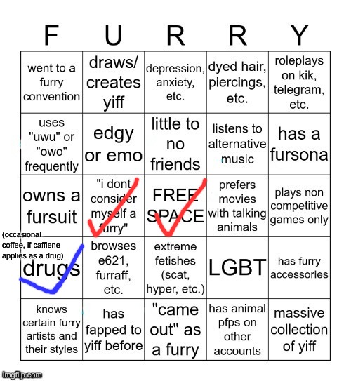 Taking bingos that don't apply to me part 2 | (occasional coffee, if caffiene applies as a drug) | image tagged in furry bingo v2 | made w/ Imgflip meme maker
