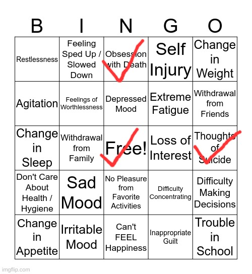 taking bingos that don't apply to me part 3 | image tagged in depression bingo 1 | made w/ Imgflip meme maker