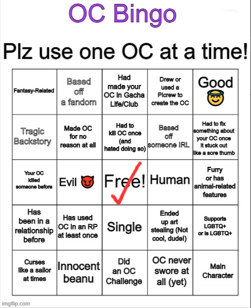 taking bingos that don't apply to me part 7 (I think) | image tagged in oc bingo | made w/ Imgflip meme maker