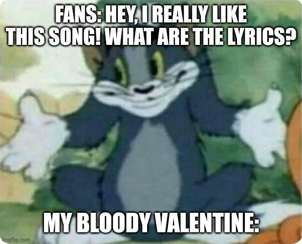 Shoegaze In A Nutshell | FANS: HEY, I REALLY LIKE THIS SONG! WHAT ARE THE LYRICS? MY BLOODY VALENTINE: | image tagged in tom shrugging | made w/ Imgflip meme maker
