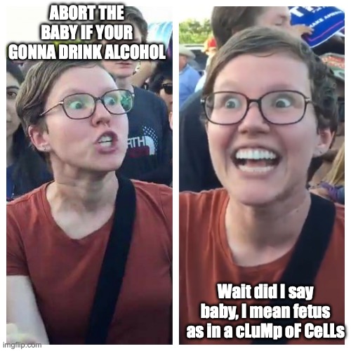 Hypocrite liberal | ABORT THE BABY IF YOUR GONNA DRINK ALCOHOL Wait did I say baby, I mean fetus as in a cLuMp oF CeLLs | image tagged in hypocrite liberal | made w/ Imgflip meme maker