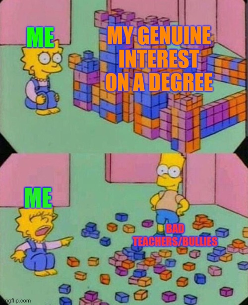 WHY???? | ME; MY GENUINE INTEREST ON A DEGREE; ME; BAD TEACHERS/BULLIES | image tagged in memes | made w/ Imgflip meme maker