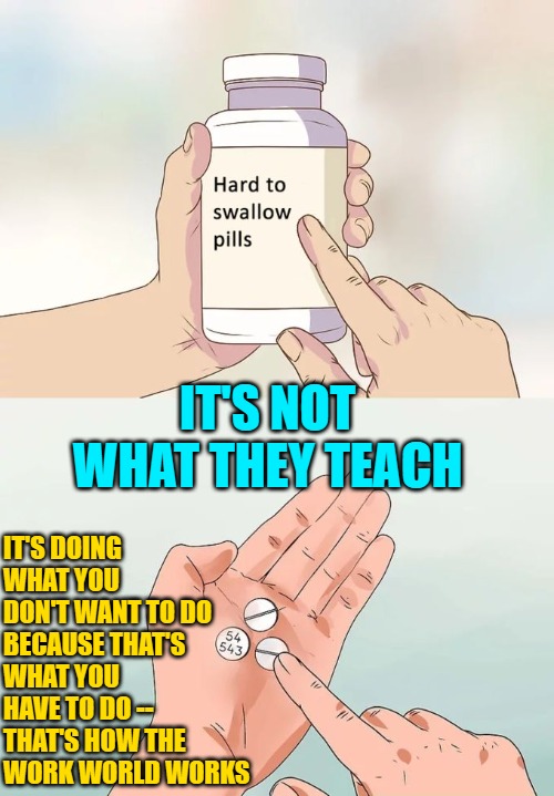 Hard To Swallow Pills Meme | IT'S NOT WHAT THEY TEACH IT'S DOING WHAT YOU DON'T WANT TO DO BECAUSE THAT'S WHAT YOU HAVE TO DO -- THAT'S HOW THE WORK WORLD WORKS | image tagged in memes,hard to swallow pills | made w/ Imgflip meme maker