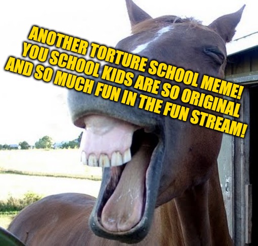 horse laugh | ANOTHER TORTURE SCHOOL MEME! YOU SCHOOL KIDS ARE SO ORIGINAL AND SO MUCH FUN IN THE FUN STREAM! | image tagged in horse laugh | made w/ Imgflip meme maker