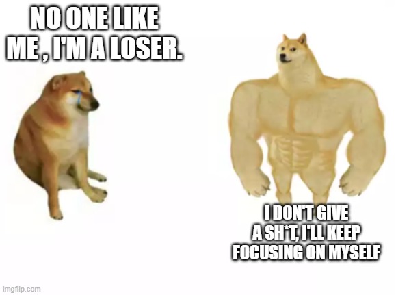 sigma doge | NO ONE LIKE ME , I'M A LOSER. I DON'T GIVE A SH*T, I'LL KEEP FOCUSING ON MYSELF | image tagged in buff doge vs cheems reversed | made w/ Imgflip meme maker